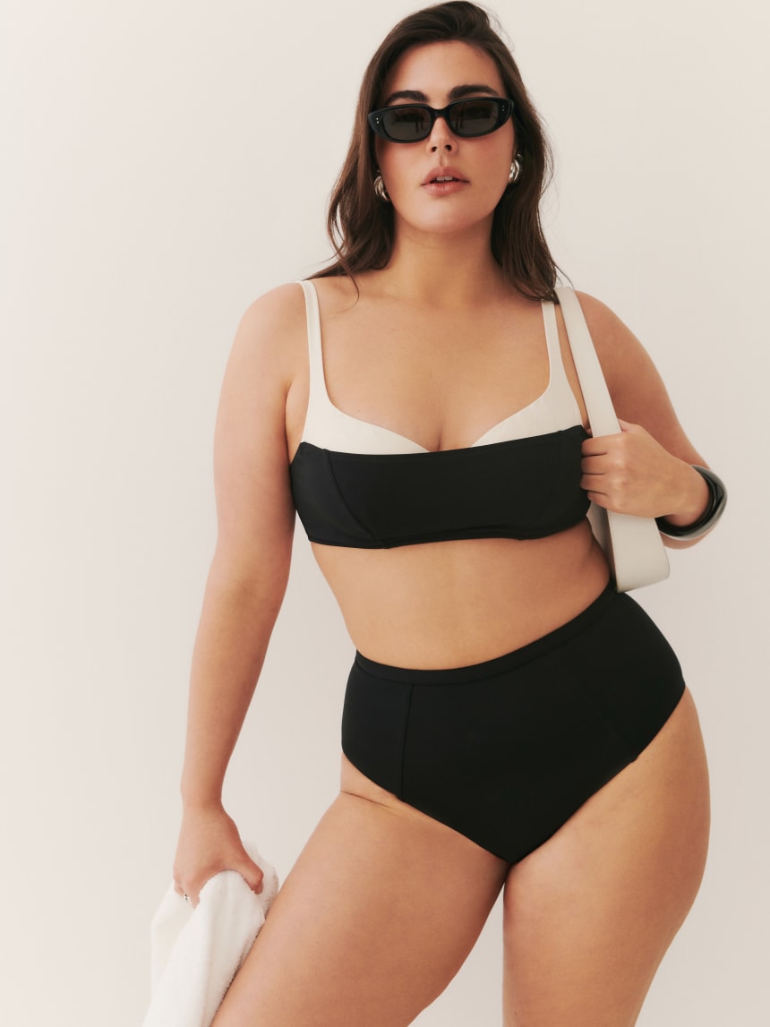 Reformation black and white Tossa double layer bikini top and b lack high waist bottom. 