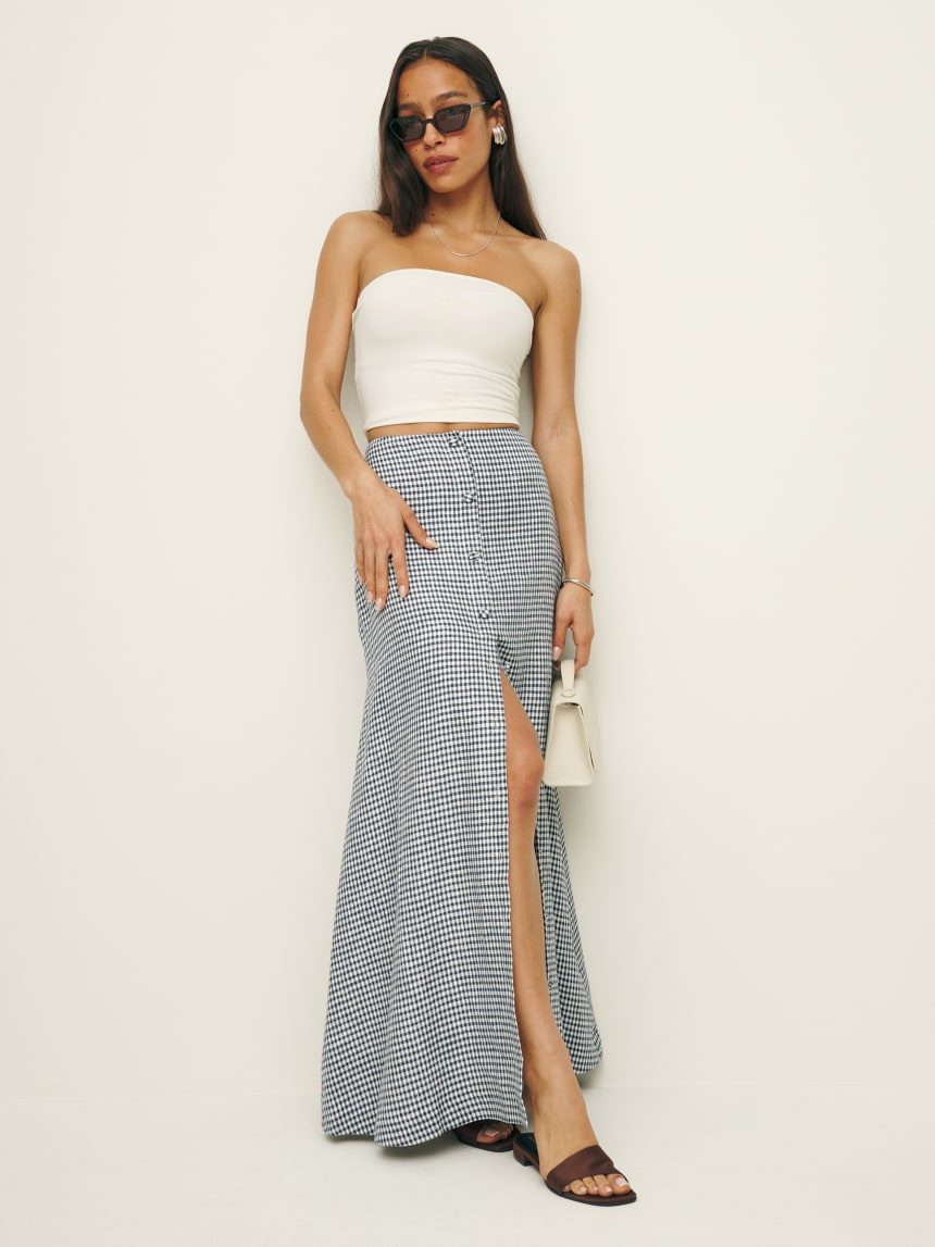 Reformation black and white gingham Andi maxi Linen Skirt. 