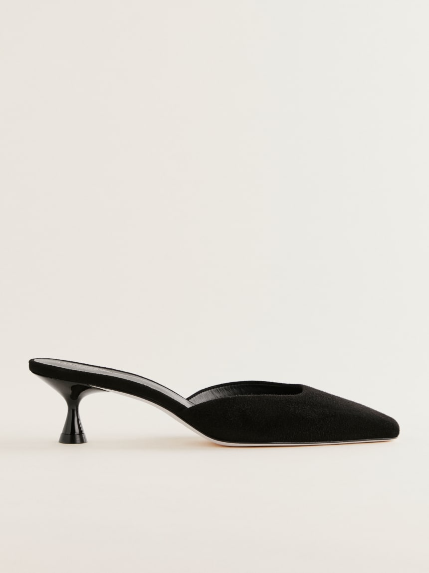 Reformation black suede heeled mule
