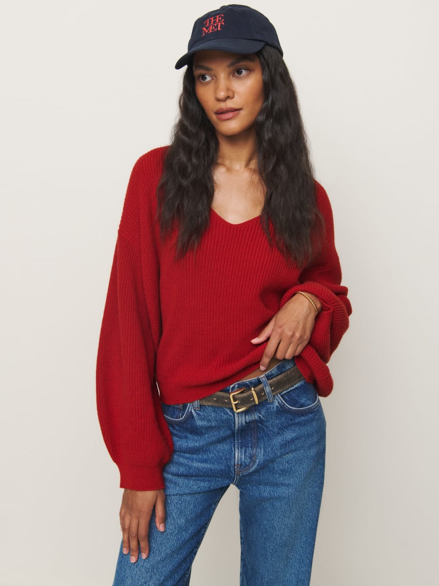 Red Ellery Cashmere Blend Oversized V-neck Sweater from Reformation 