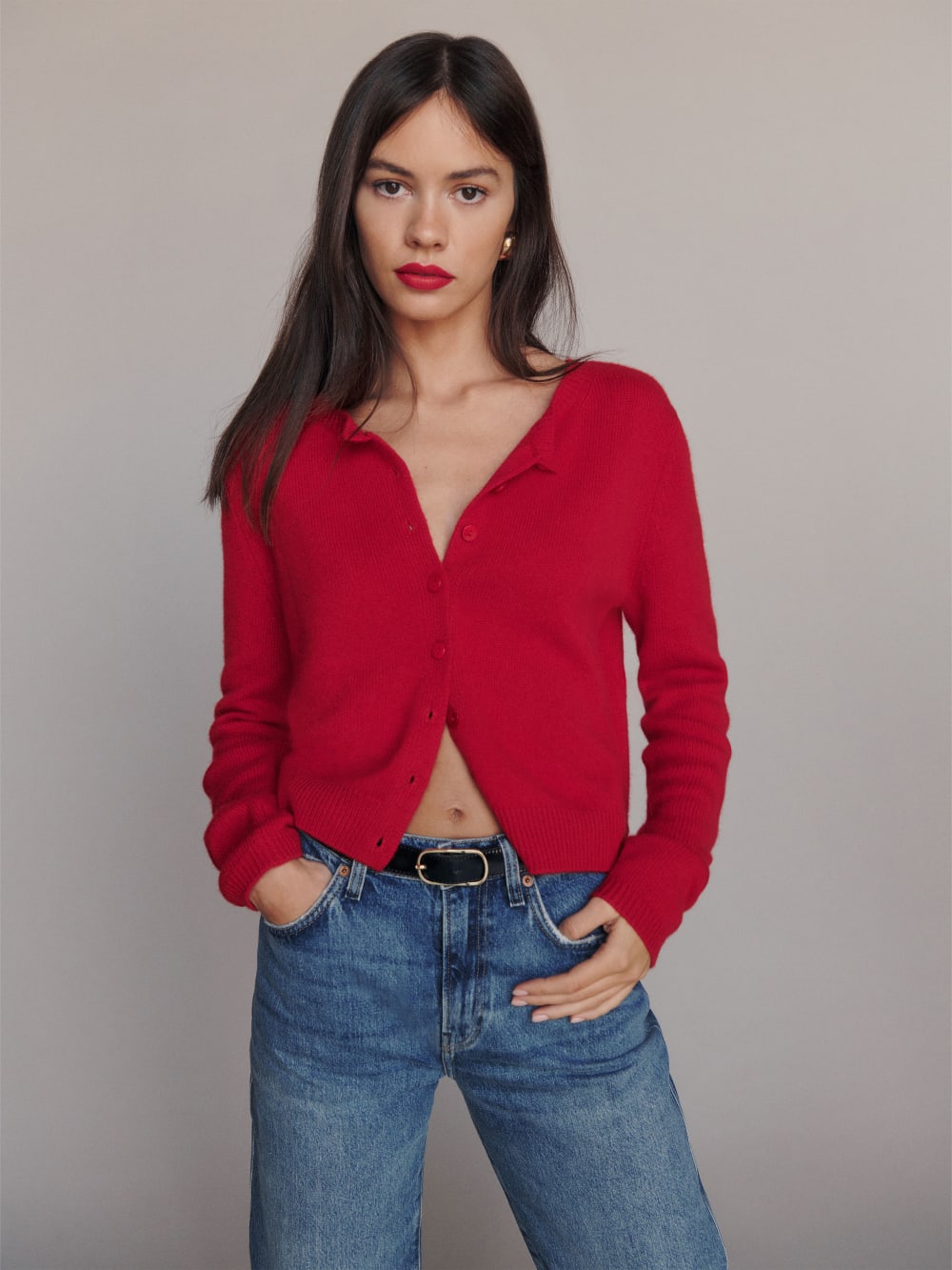 Reformation Clara Cashmere crew cardigan in red. Button front and ribbed hem