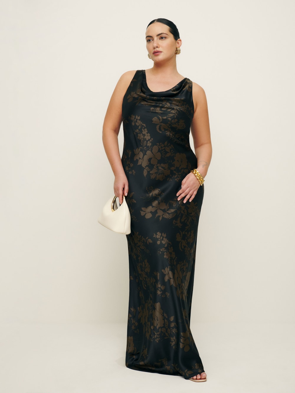 Reformation Annabelle Silk maxi Dress Es dress in black and brown floral with cowl neck and fitted silhouette. 