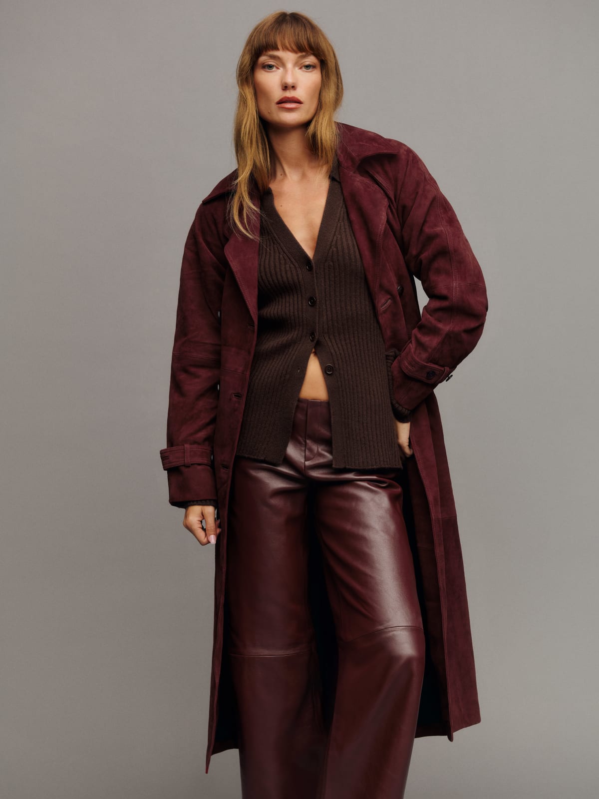 Reformation burgundy suede Veda Ashland Leather Trench
