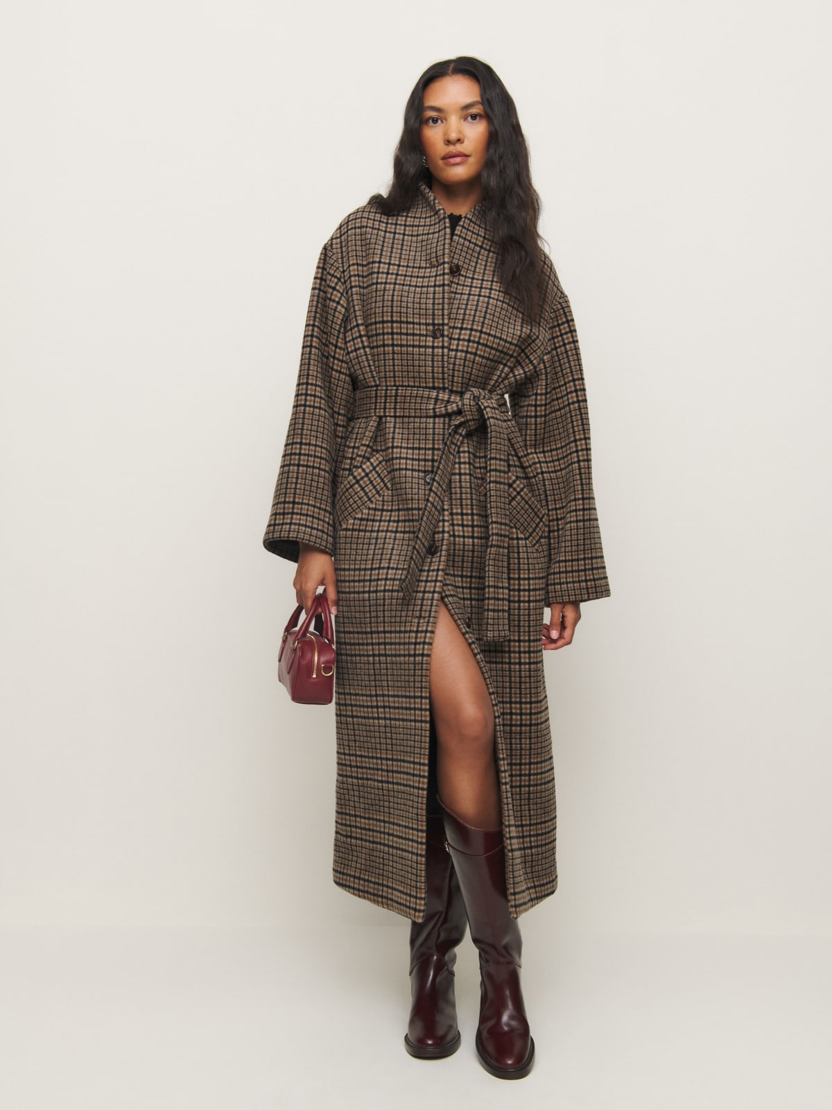 Cashmere check Cotswolds long belted Coat Reformation x Kacey Musgraves