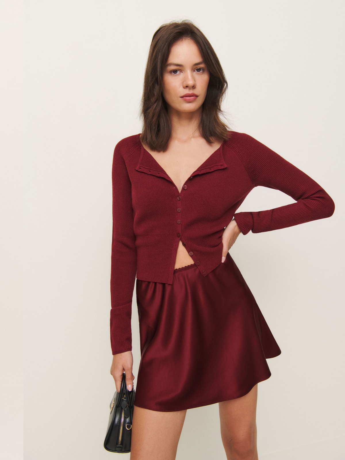 burgundy Reformation Brandy Satin Skirt