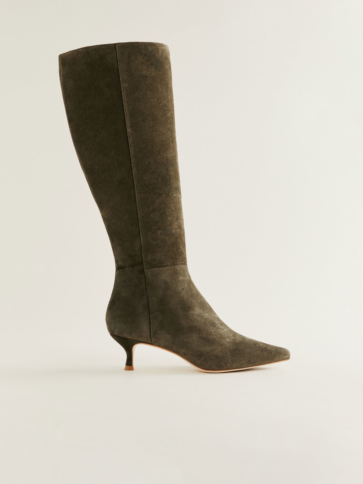 Reformation olive suede Olya Knee Boot with kitten heel 