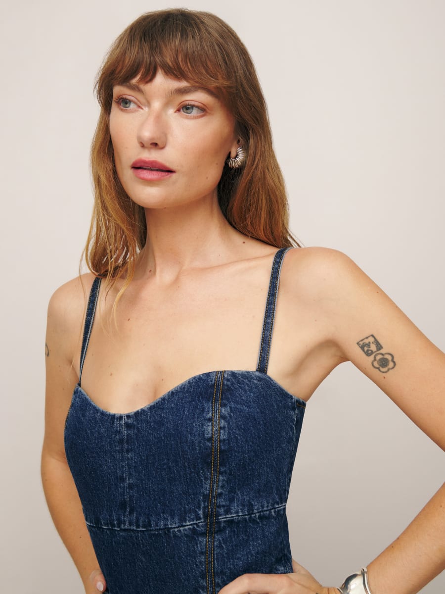 Reformation jean jumpsuit hot sale