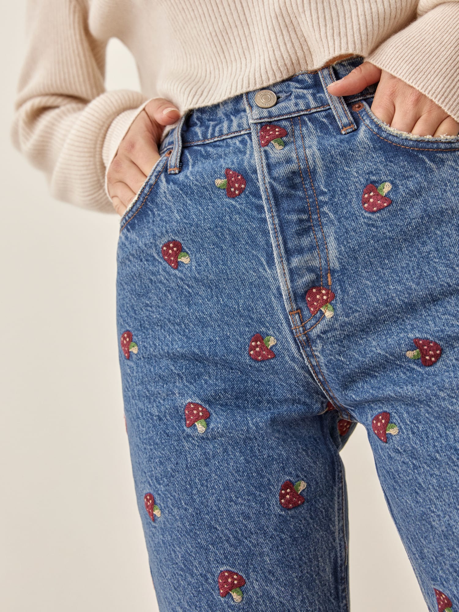 Mushroom Embroidered High Rise Straight Jeans