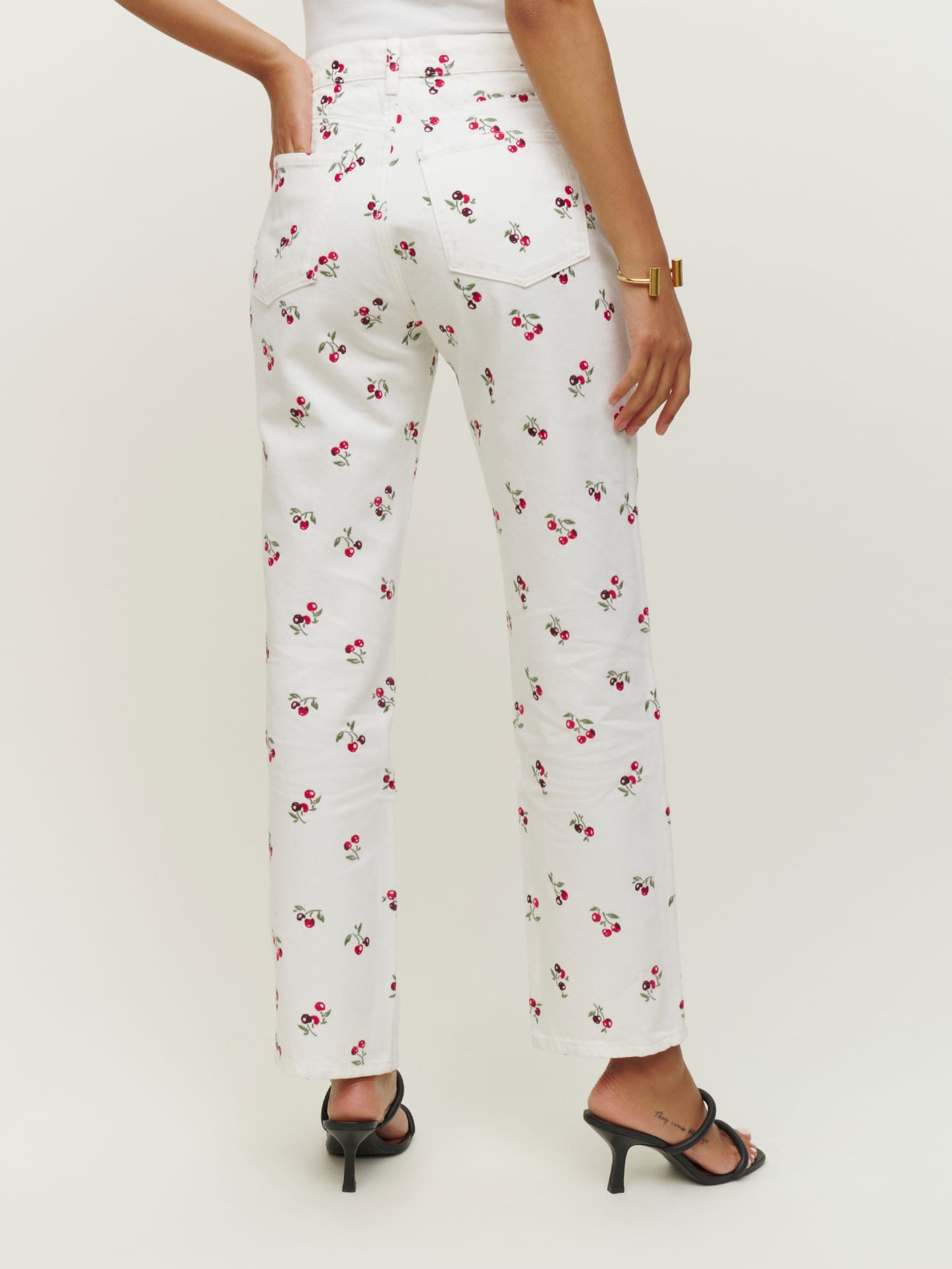 Cherries Embroidered High Rise Straight Jeans
