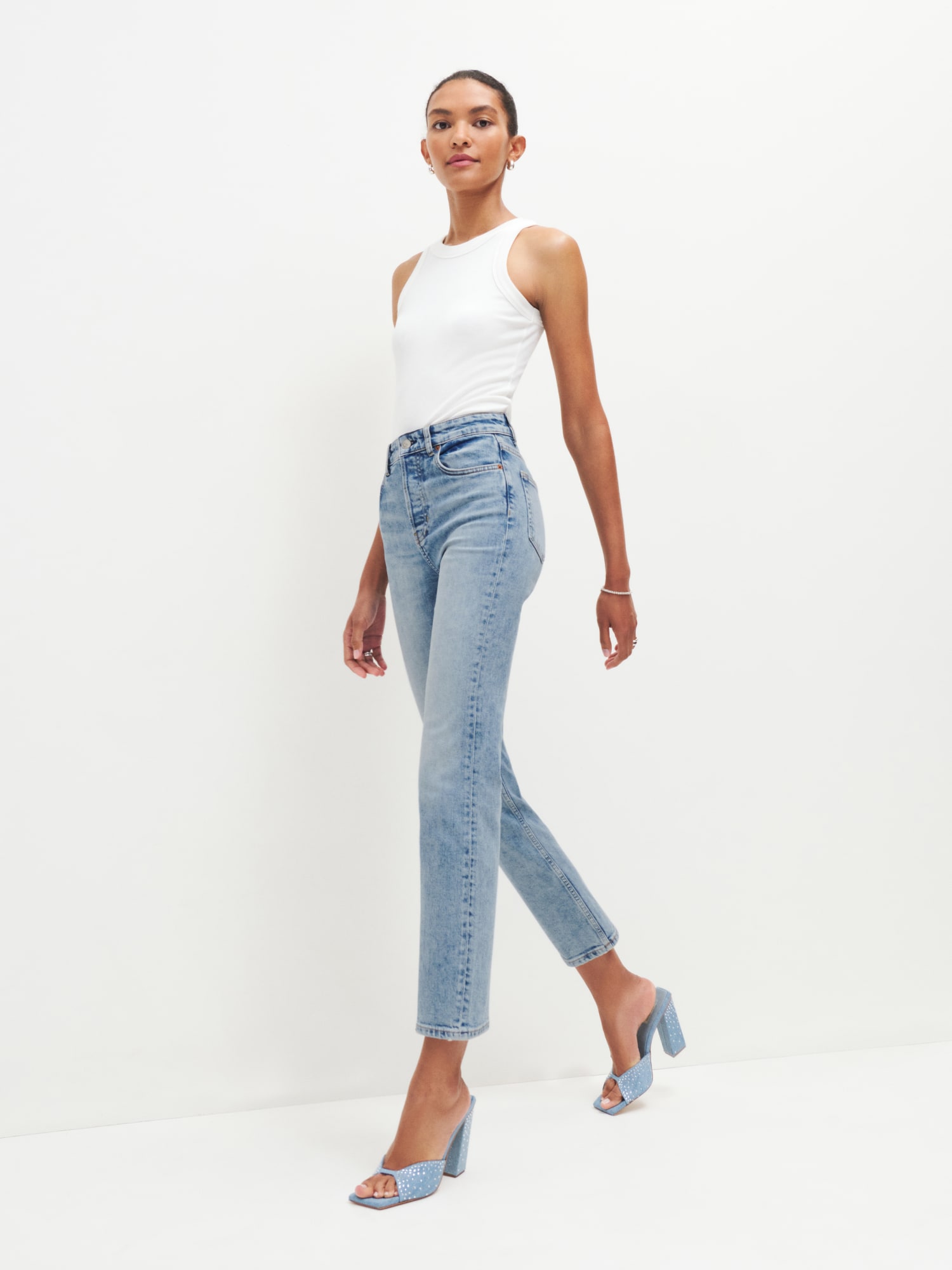 Two-tone organic high-rise straight-leg jeans