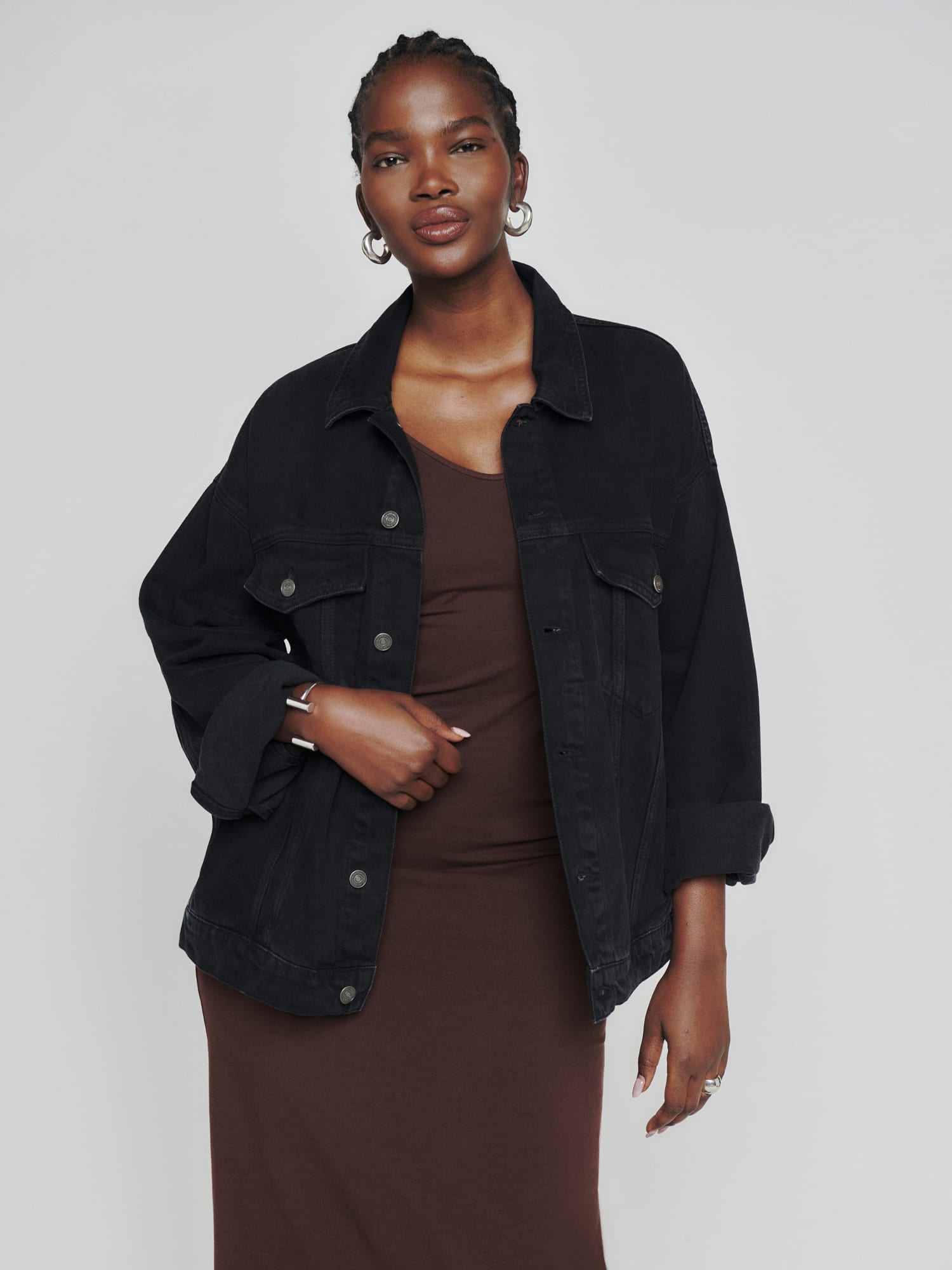 Long black denim coat cheap