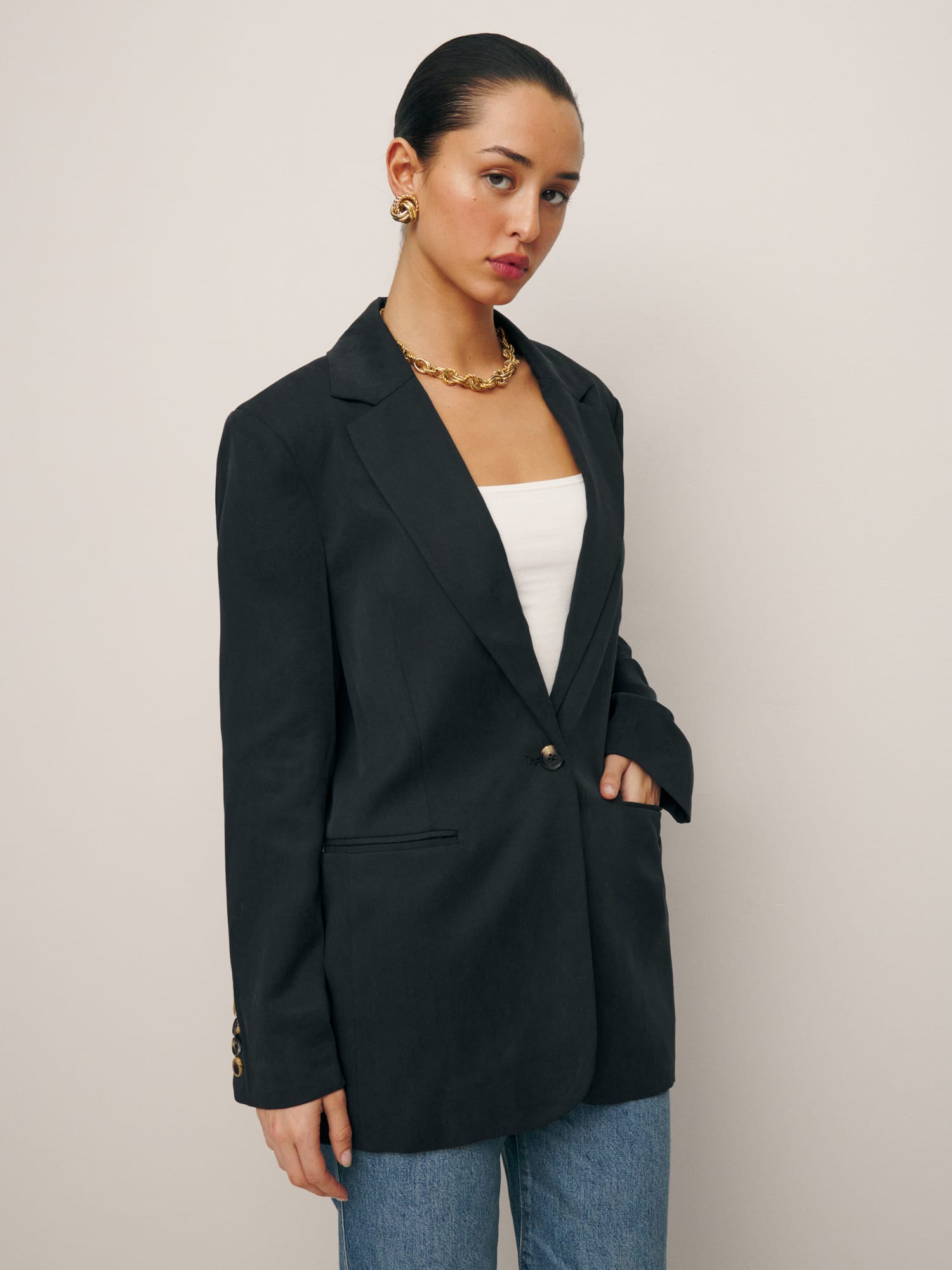 Basic Woven Long Sleeve Relaxed Fit Blazer