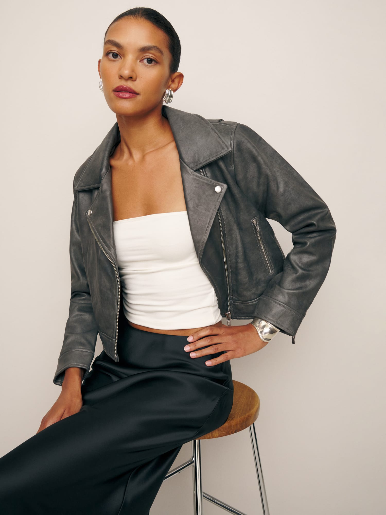 Veda Hoyt Leather Moto Jacket Long Sleeve Reformation