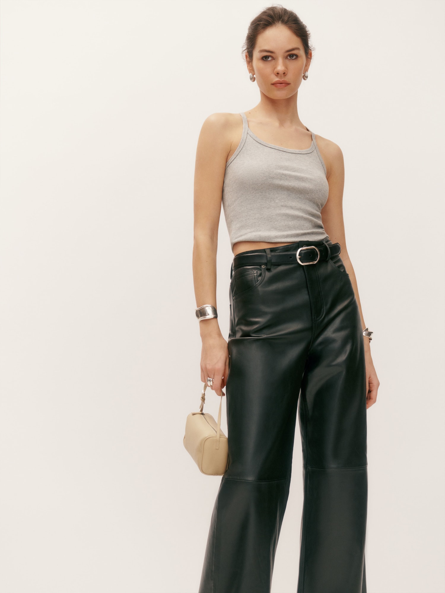 Leather Wide Leg Trousers - Black
