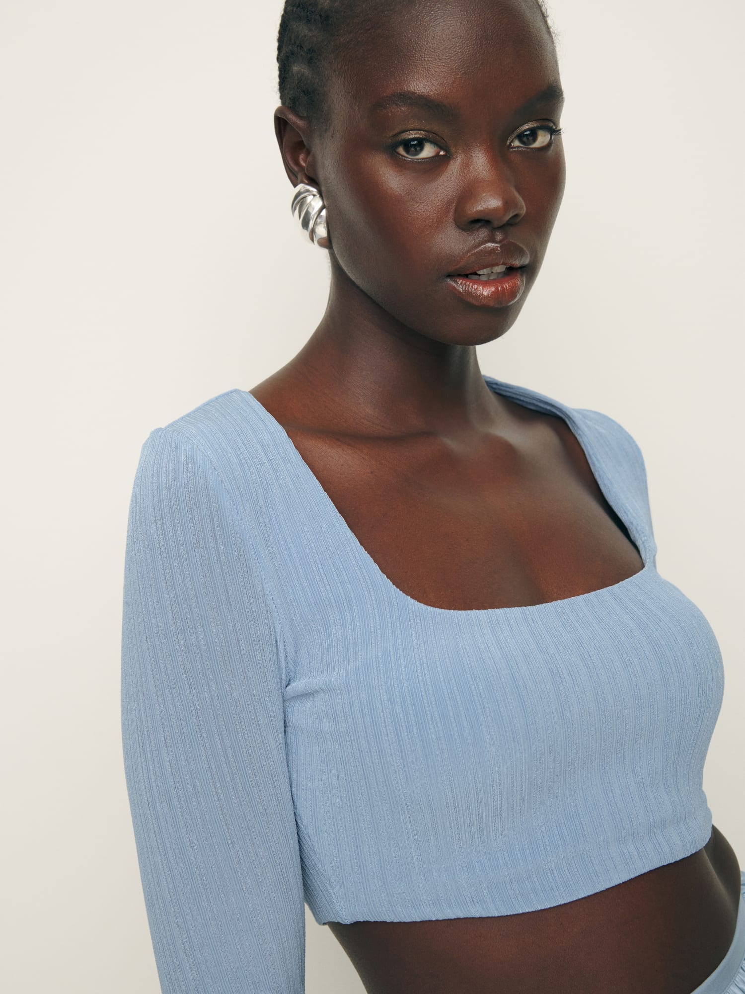 Baby Blue Ribbed Long Sleeve Crop Top