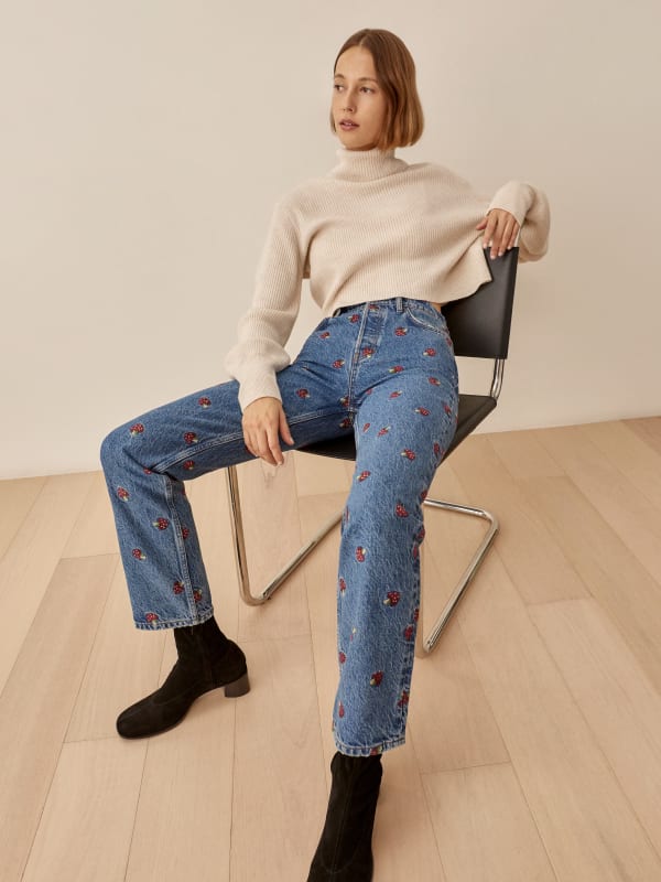 Mushroom Embroidered High Rise Straight Jeans