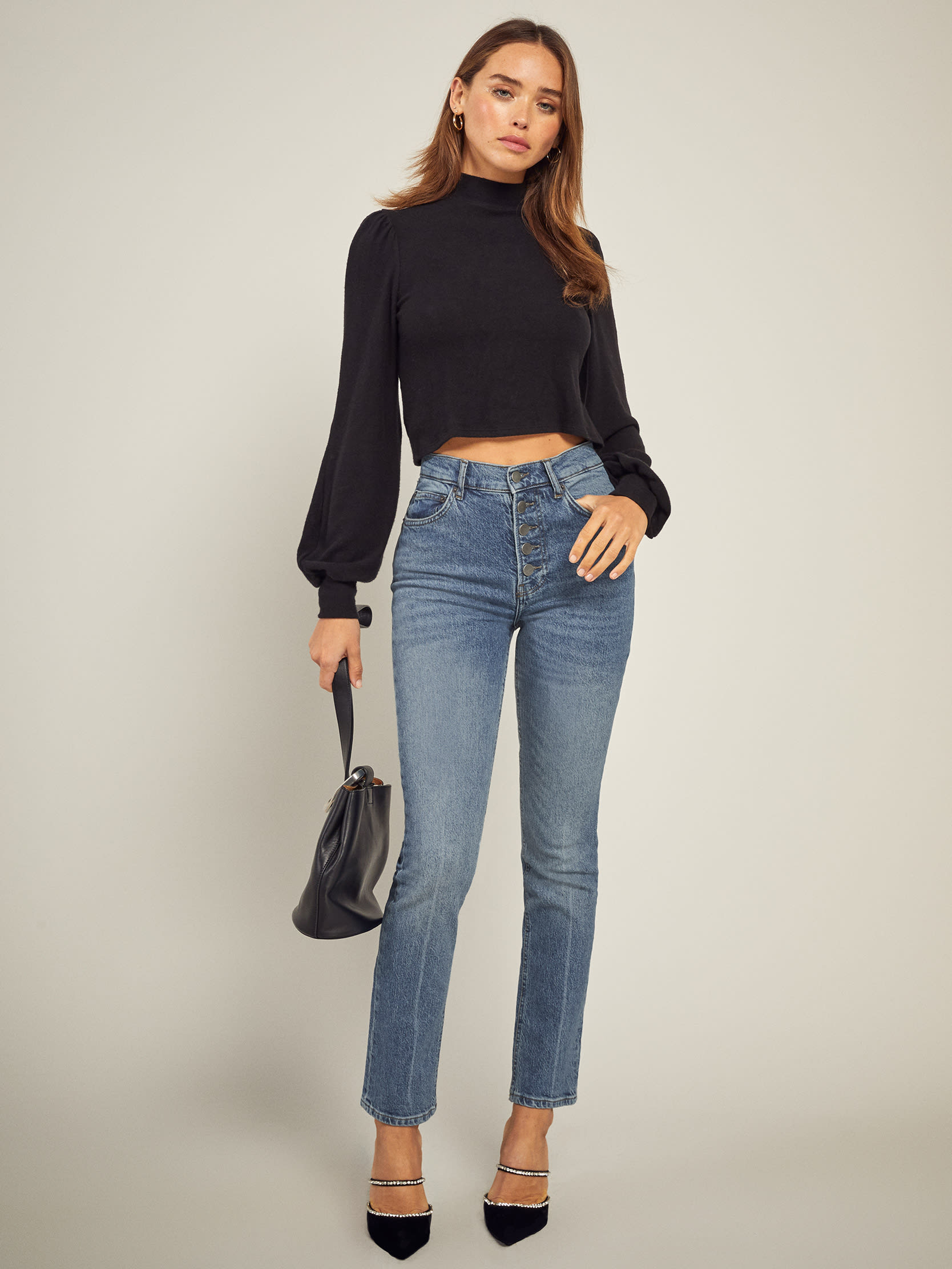 Liza Button Fly High Rise Straight Jeans, thumbnail image 1