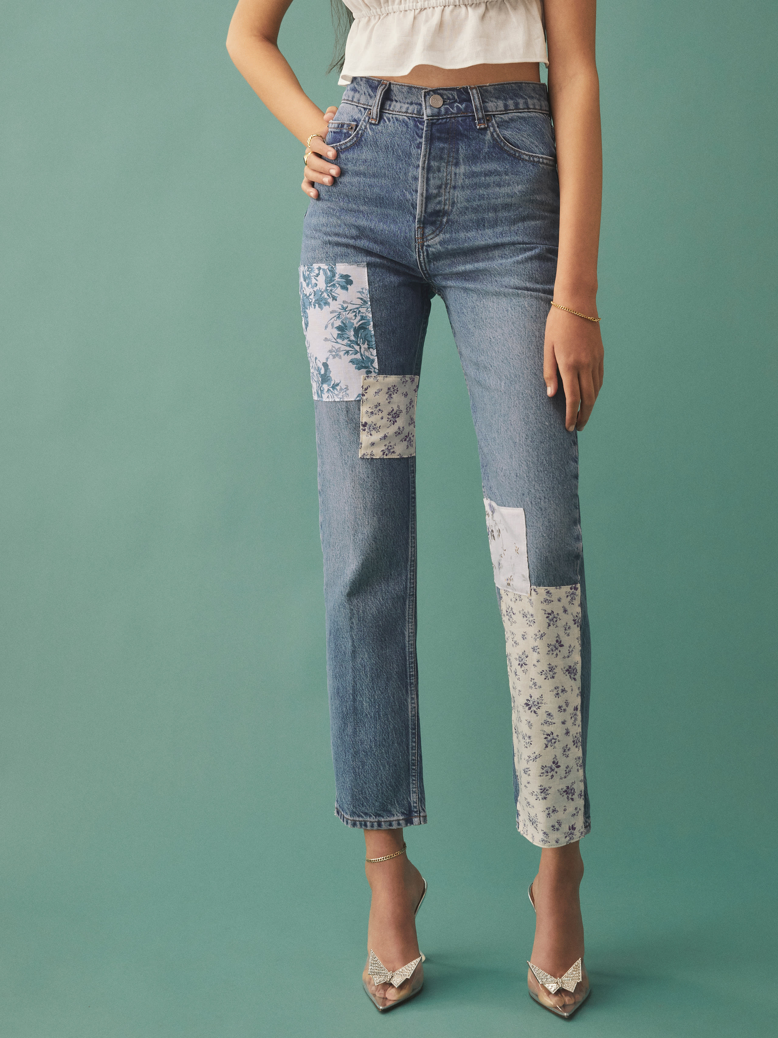 Cynthia Linen Patch High Rise Straight Jeans, thumbnail image 3