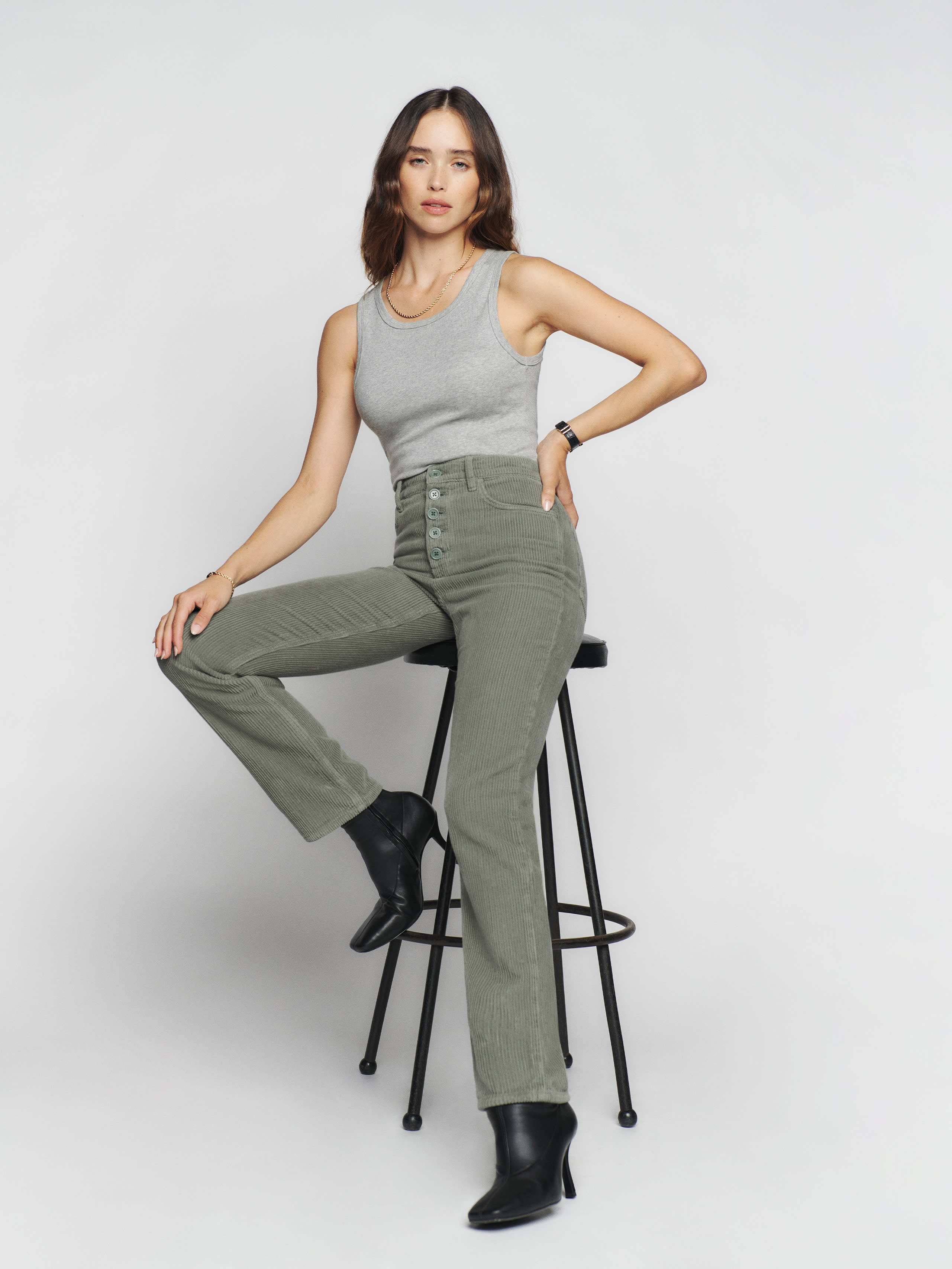 Cynthia Button Fly High Rise Straight Corduroy Pants, image 1