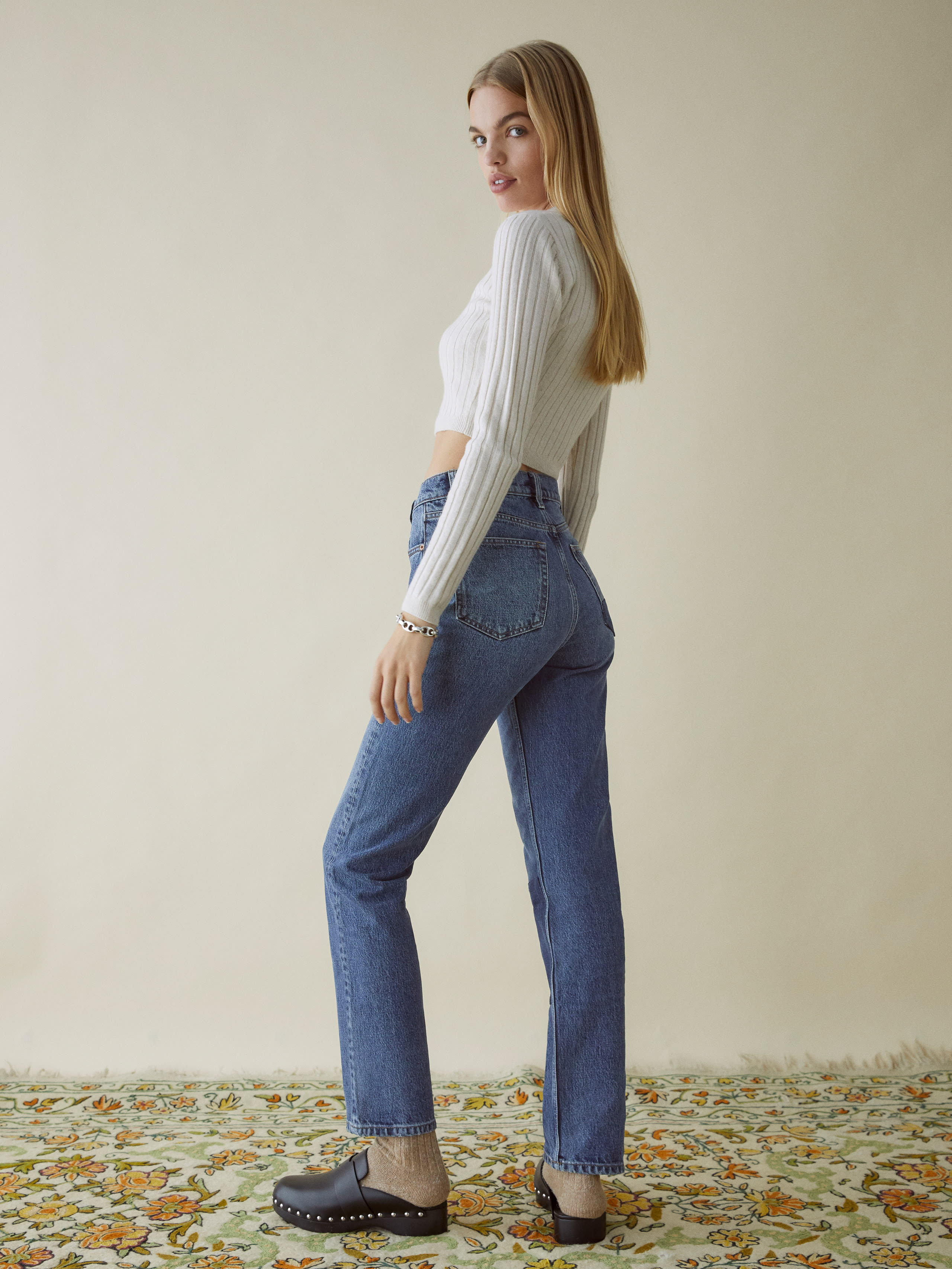 Cynthia Patch High Rise Straight Jeans - Sustainable Denim | Reformation