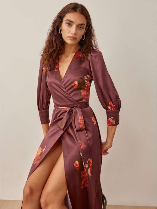 【REFORMATION】silk-charmeuse ミディ wrap-effect ドレス Merrick Silk Dress