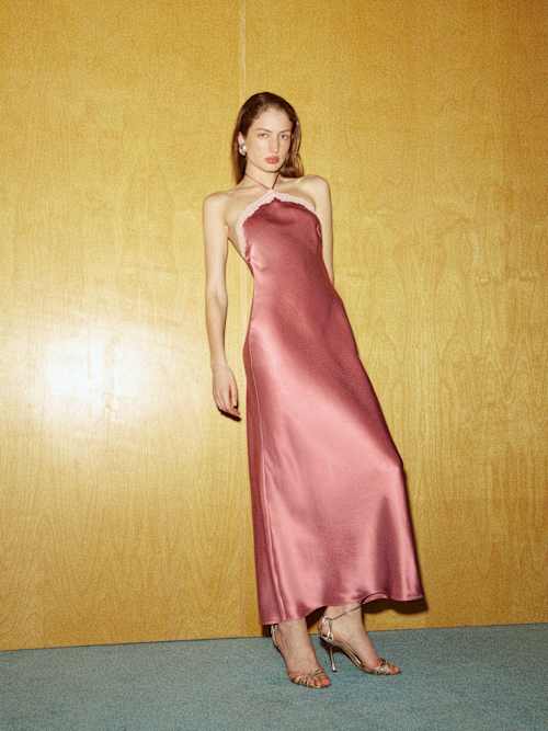 silk dress halter neck Antonia Satin Cowl Halter Neck Ruched Dress