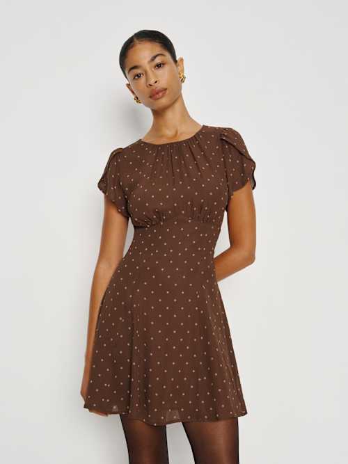 luscian plunge mini dress in micro polka brown Shop Florentine Chocolate Polka Dot Strapless Pleated Bodice Mini Dres main image 1