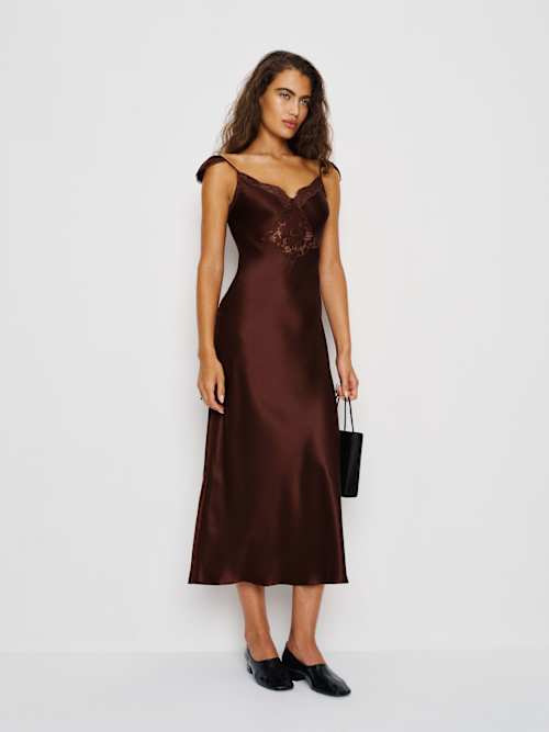 reformation dress brown Chocolate Brown Fit Flare Ruffle Evening Midi Dress With Belt main image 1