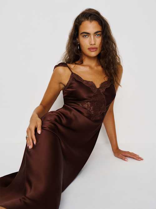 Reformation Serafina Silk Dress | Brown | Medium