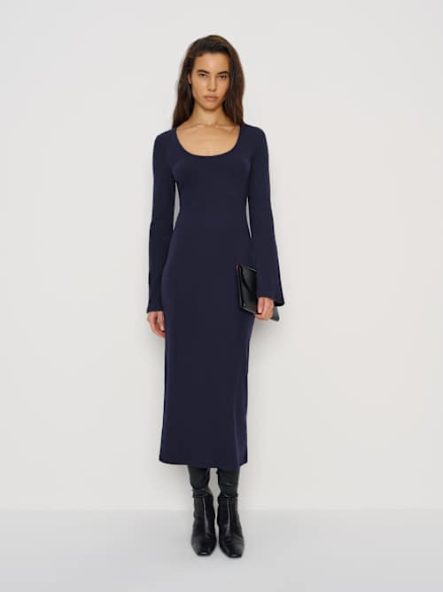 reformation rosalynn asymmetrical fitted midi dress Asymmetrical Neckline Crepe Midi Dress Navy – Roland Mouret