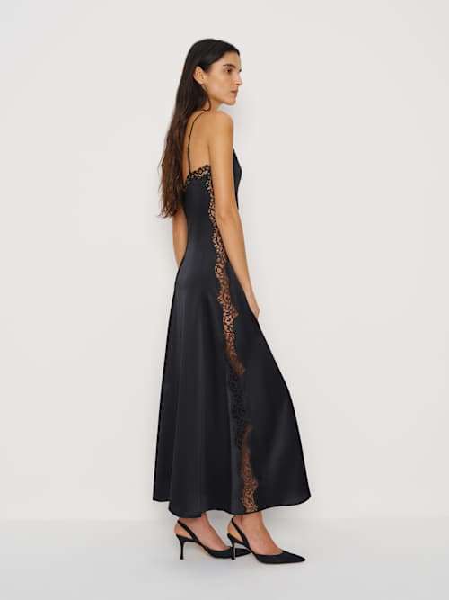reformation black lace dress Ericka Silk | insert midi dress from