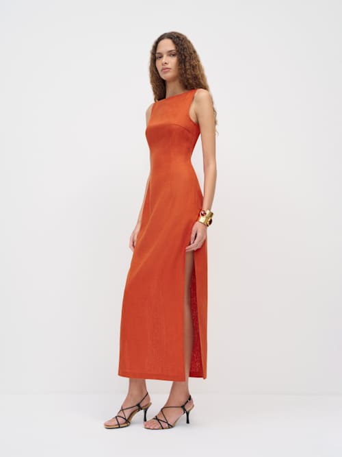 chinese dress ladies Vibrant Orange Linen Belted Maxi Summer Dress