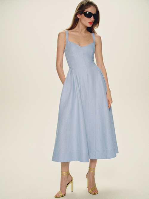 chinese dress ladies Birdie Linen Square Neck Mini Dress- Cashmere Blue  Shoptiques