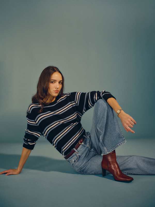 Cashmere Boyfriend Sweater - Navy Multi Stripe