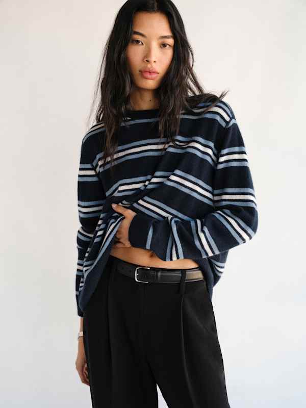 Cashmere Boyfriend Sweater - Navy Multi Stripe