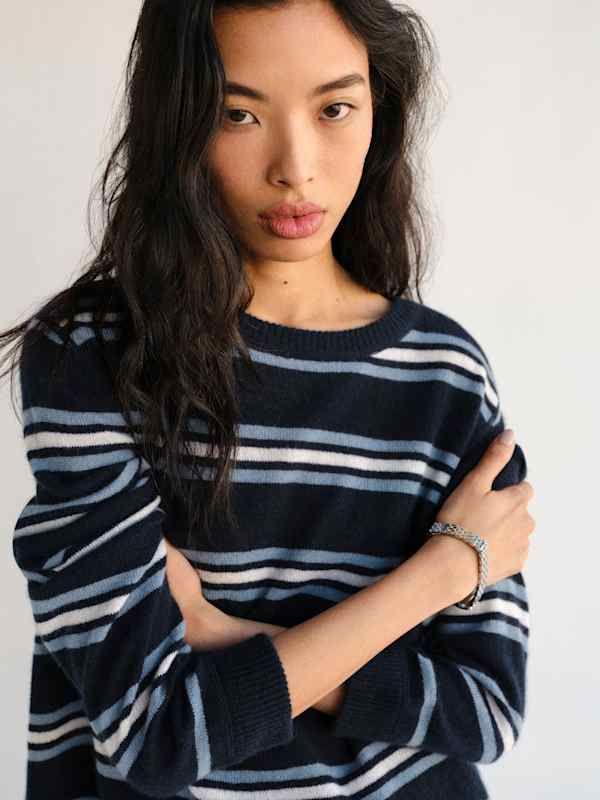 Cashmere Boyfriend Sweater - Navy Multi Stripe