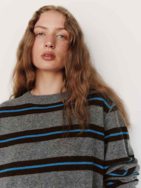 Cashmere Boyfriend Sweater - Thunder Cerulean Multi Stripe