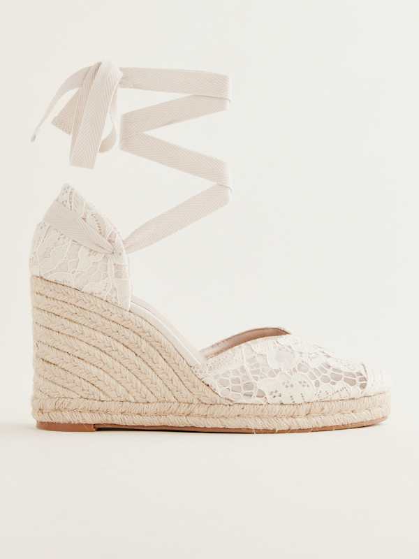 Espadrilles compens&eacute;es &agrave; lacets Camilla - Dentelle blanche