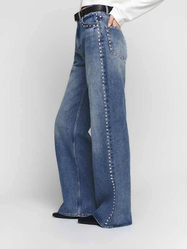 Cary High Rise Slouchy Wide Leg Jeans - Chesapeake Studded