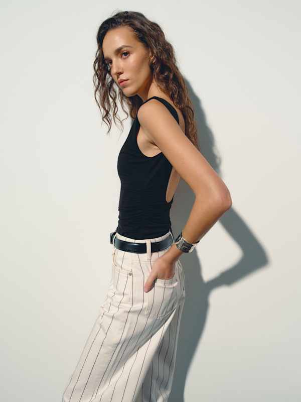 Cary High Rise Slouchy Wide Leg Jeans - Fior Di Latte Pinstripe