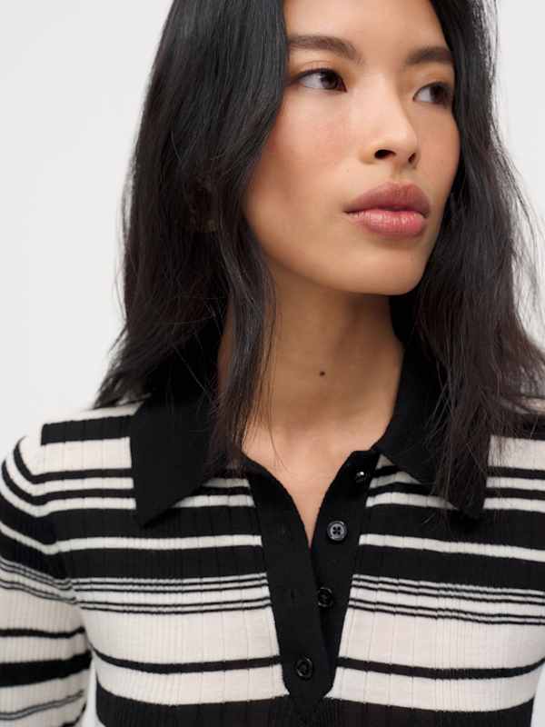 Hermia Regenerative Merino Polo - Black Cream Stripe