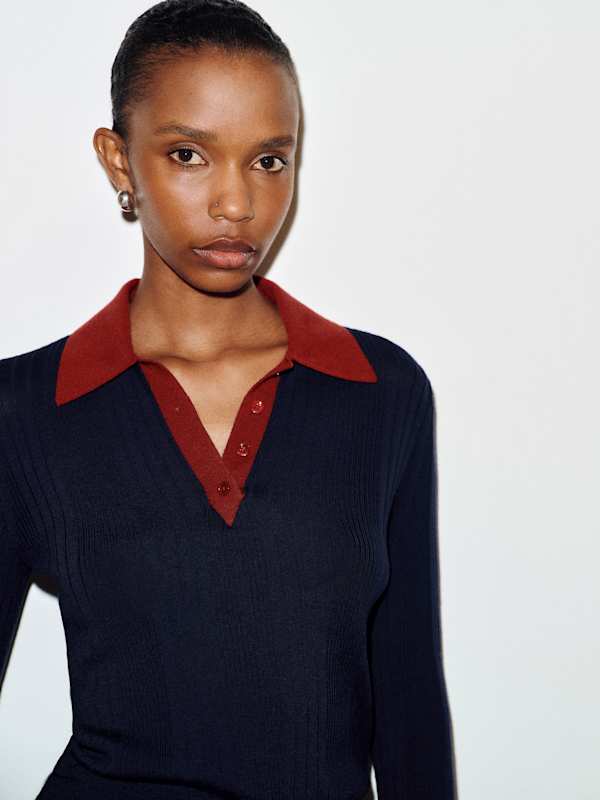 Hermia Regenerative Merino Polo - Navy Chianti Contrast Placket