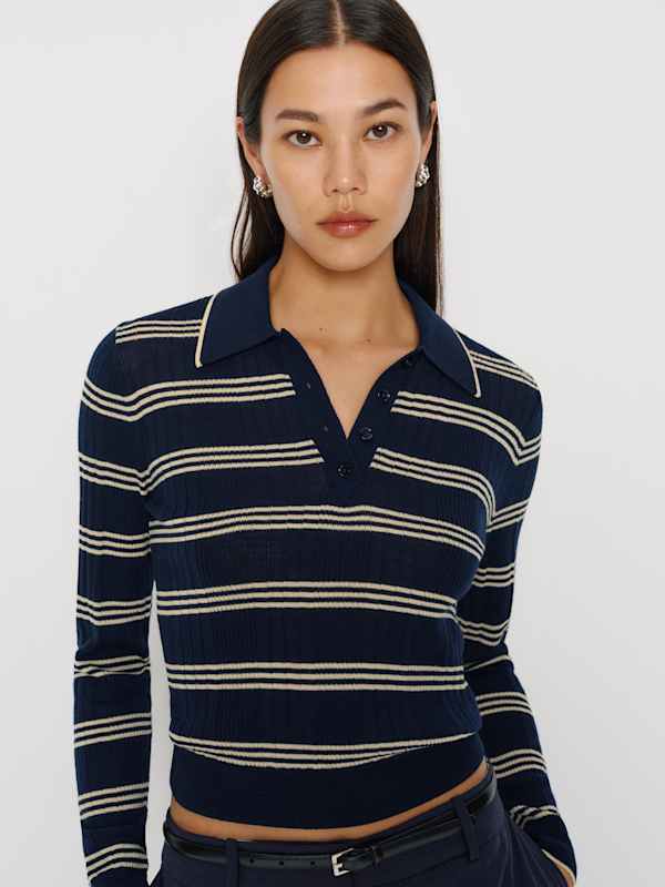 Hermia Regenerative Merino Polo - Parmesan Navy Stripe