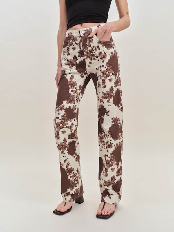 Val 90s Mid Rise Straight Jeans - Cowhide Print