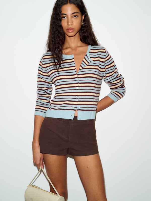 Clara Cashmere Crew Cardigan - Aquamarine Multi Stripe