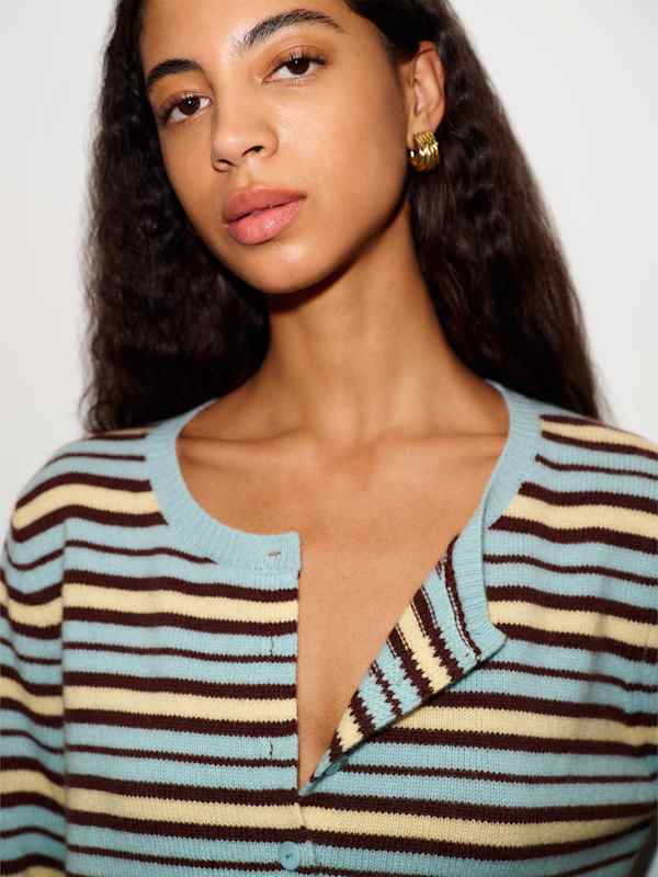 Clara Cashmere Crew Cardigan - Aquamarine Multi Stripe