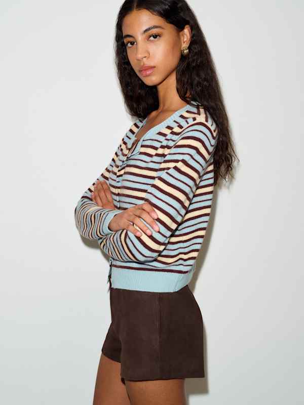 Clara Cashmere Crew Cardigan - Aquamarine Multi Stripe