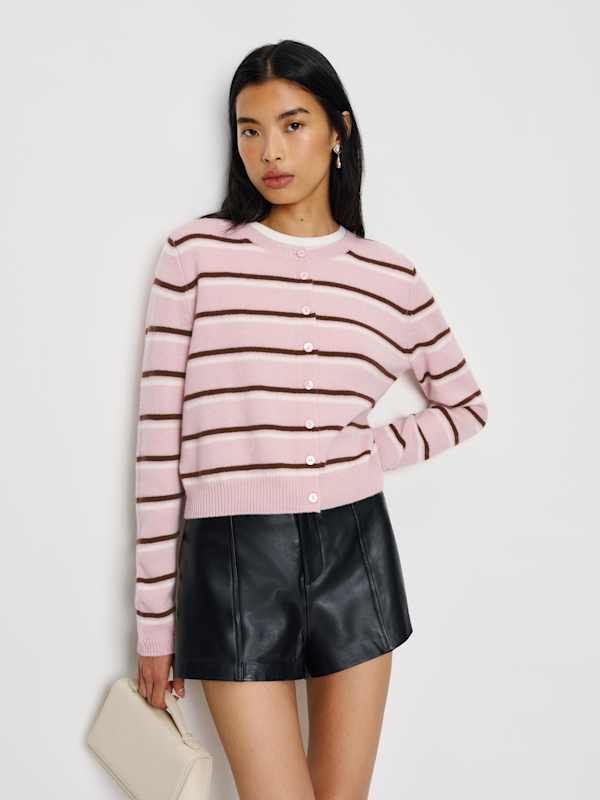 Clara Cashmere Crew Cardigan - Cherry Blossom Stripe