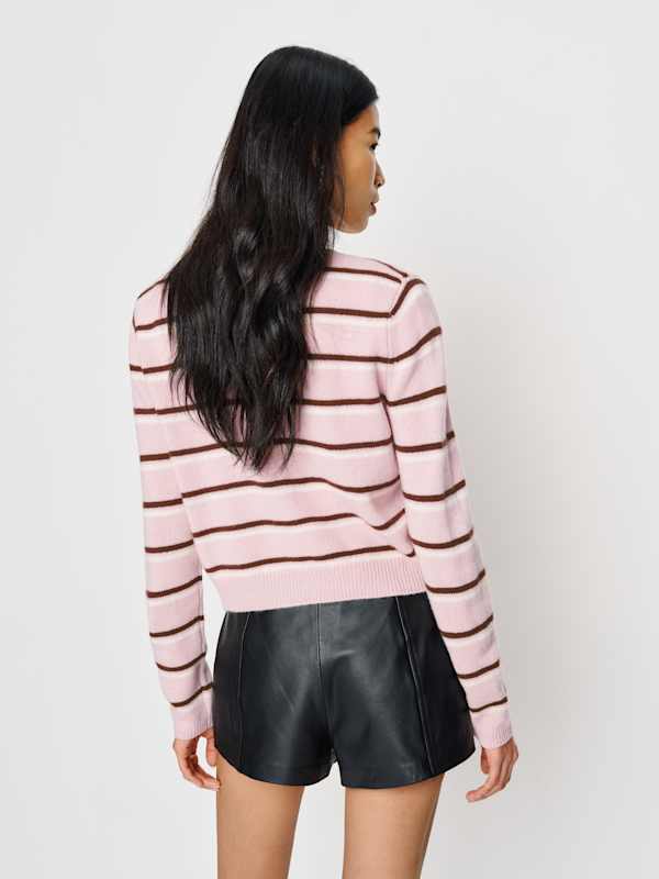 Clara Cashmere Crew Cardigan - Cherry Blossom Stripe