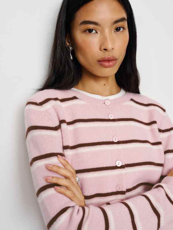 Clara Cashmere Crew Cardigan - Cherry Blossom Stripe